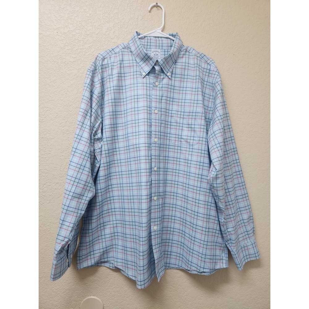 Brooks Brothers Plaid Dress Shirt Mens XL Regular Non Iron Supima Cotton Blue